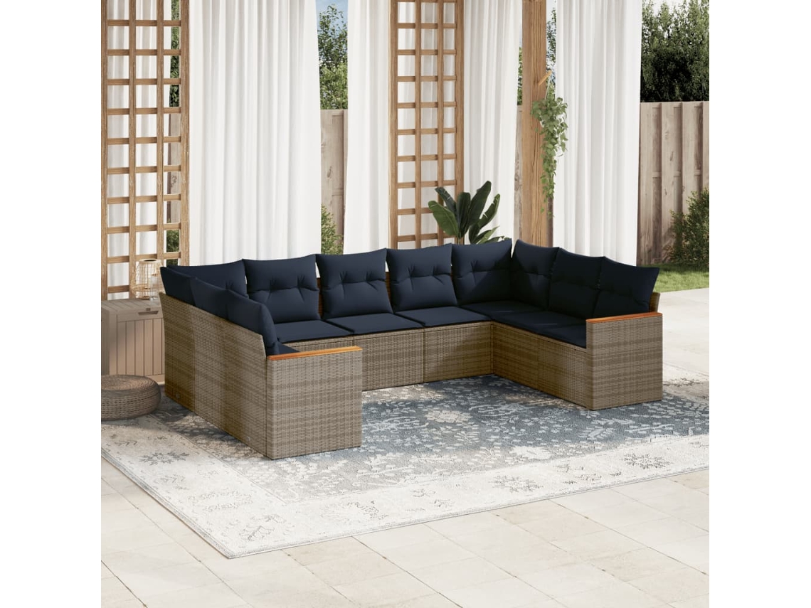 Conjunto de Sofá de Jardim com 9 Peças e Almofadas em Rattan Sintético Preto VIDAXL