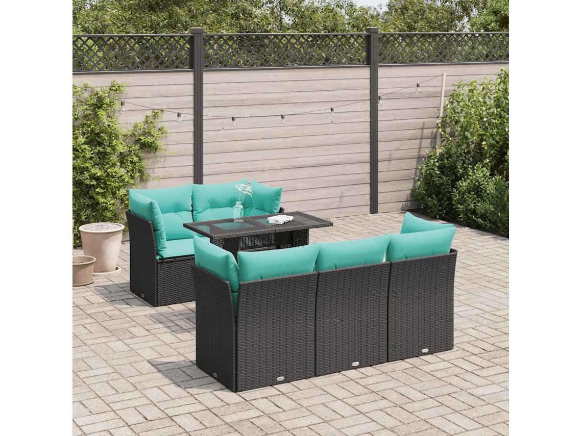 Vidaxl 6 Pcs Conjunto Sofás Jardim C/ Almofadões Vime Pe/acácia Preto