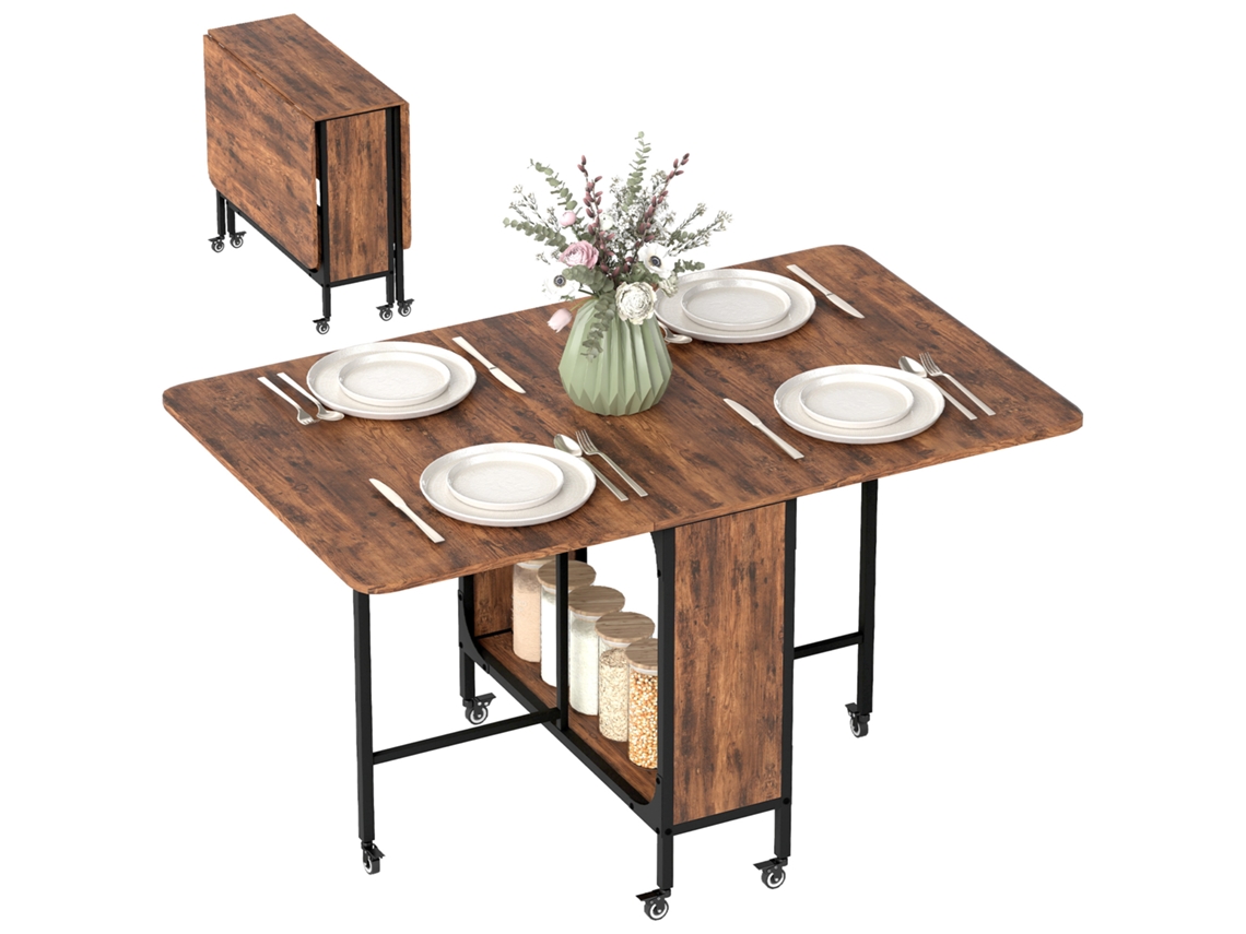 Mesa Extensível Dobrável de Cozinha, Sala de Jantar Sobre Rodas para Até 6 Pessoas, Prateleira Integrada de 6 Rodas, Marrom