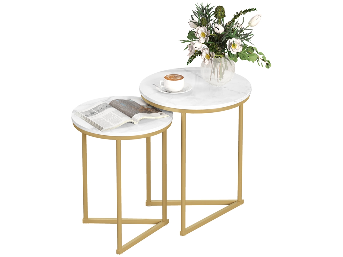 Conjunto De 2 Mesas Laterais, Dourado Para Sala De Estar E Quarto Mesa De Centro Moderna Com Pés De Aço