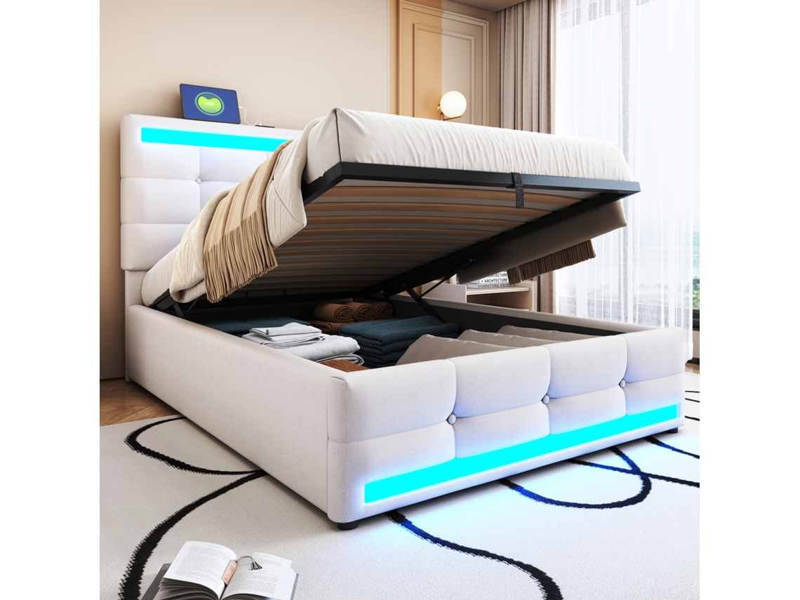 Cama 90x200 Infantil Bege Led Rgb Usb Hidráulico VOLTEDGE