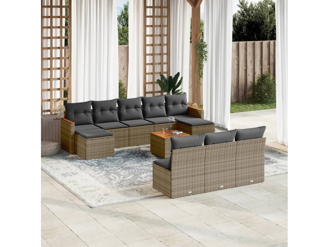 Vidaxl 11 Pcs Conjunto Sofás De Jardim C/ Almofadões Vime Pe Cinzento