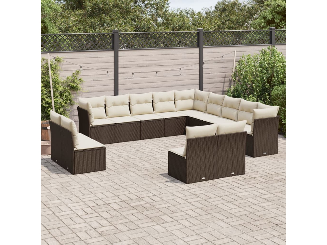 13 Pcs Conjunto Sofás P/ Jardim C/ Almofadões Vime Pe Marrom Dkd Home Decor