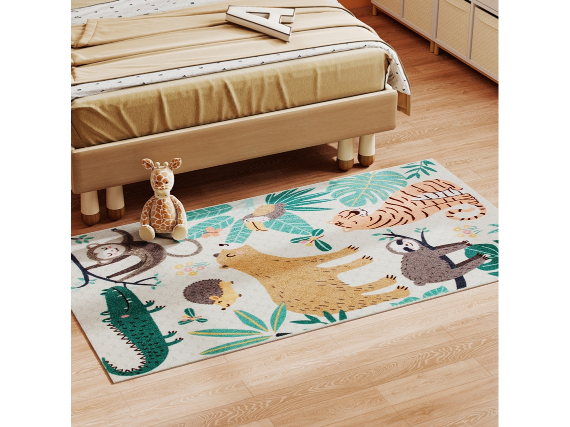 Tapete De Lã Com Estampa De Selva, Fácil De Cuidar, Branco Creme + Multicolorido