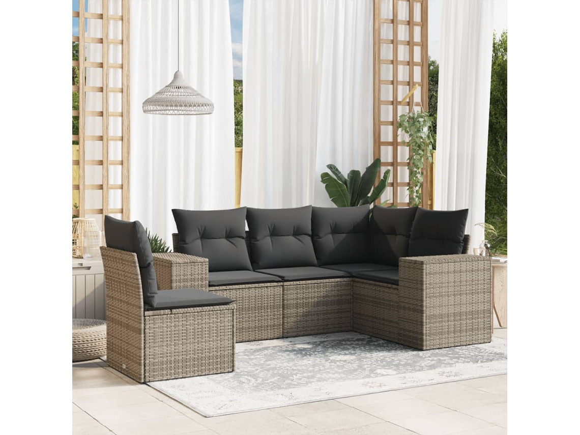 Vidaxl 5 Pcs Conjunto Sofás de Jardim C/ Almofadões Vime Pe Cinzento