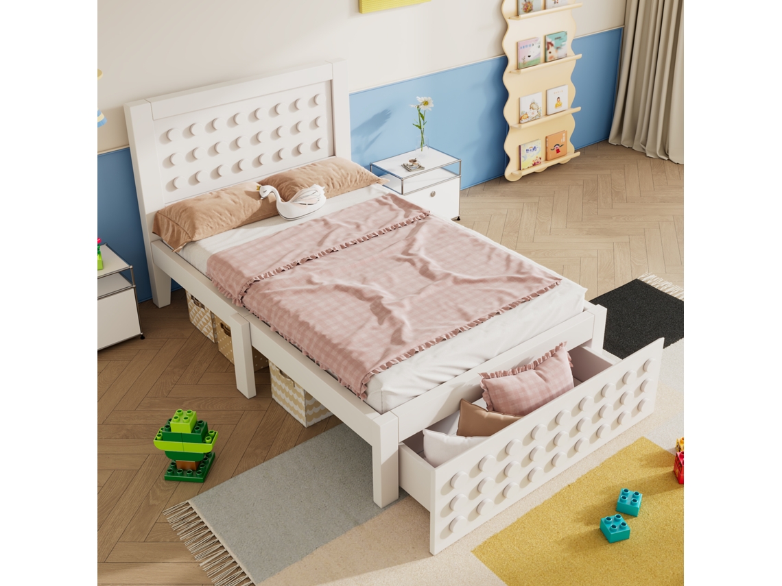 Cama Solteiro 90x200 Cm Madeira Branco Com Gavetas E Armazenamento