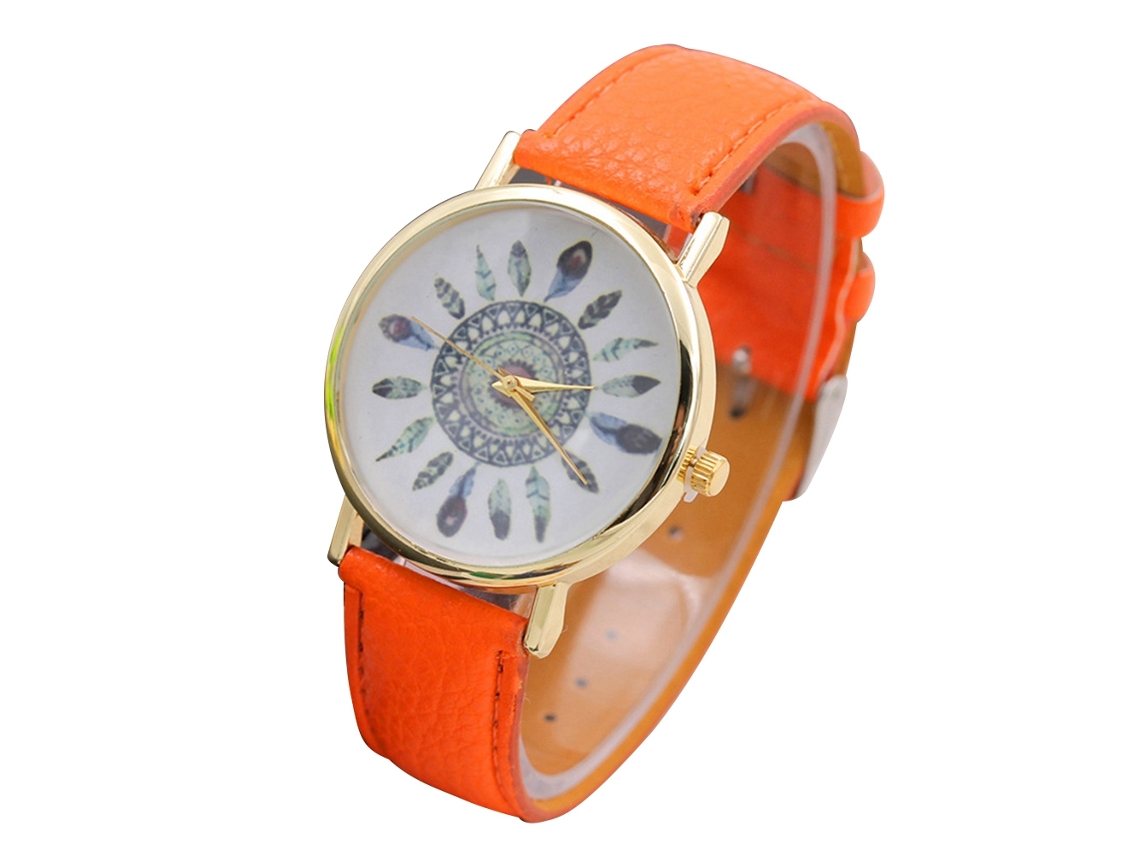 Relógio de Pulso Feminino de Padrão Moderno em Couro Pu com Movimento de Quartzo Laranja