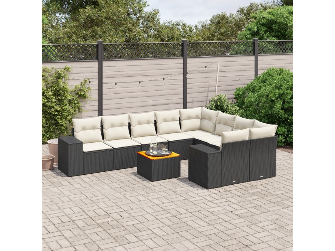 Jogo de Sofá Jardim 10 Peças C/ Almofadões Vime Pe Preto Dkd Home Decor