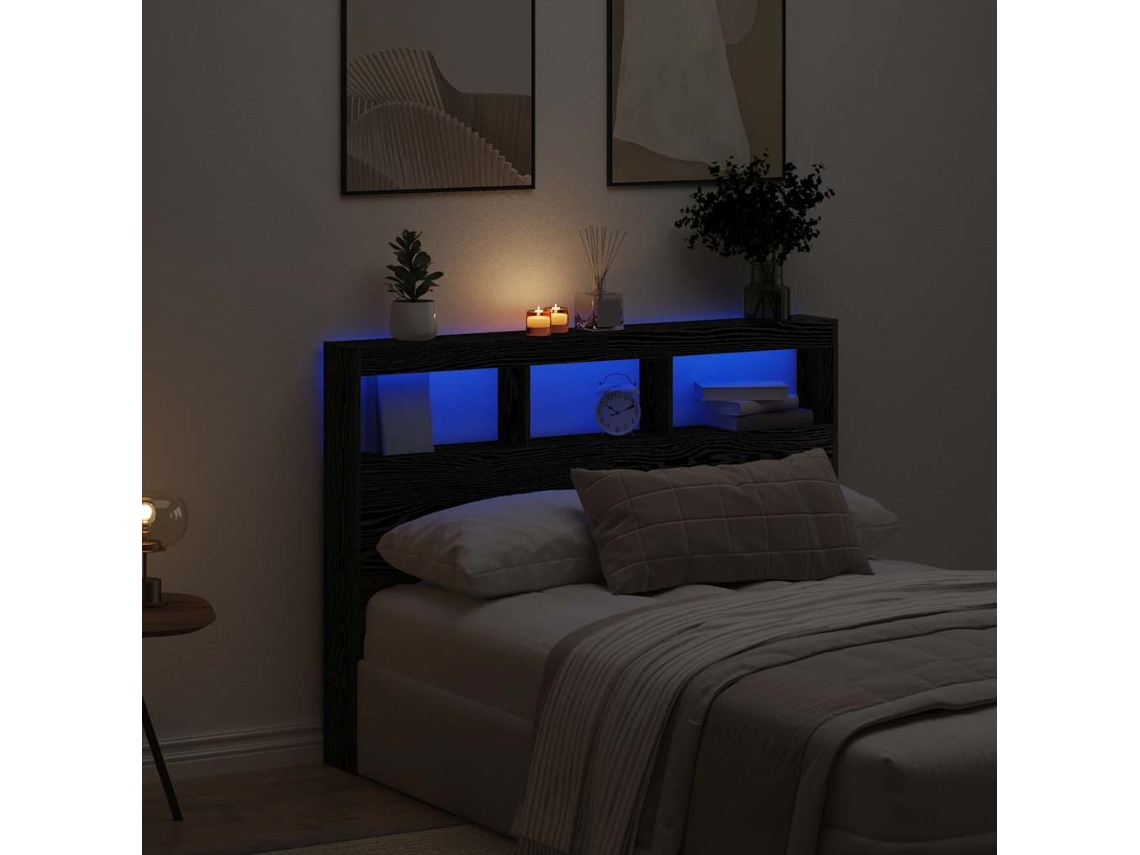 Vidaxl Armário Cabeceira C/ Luzes Led 140x17x102 Cm Carvalho Preto