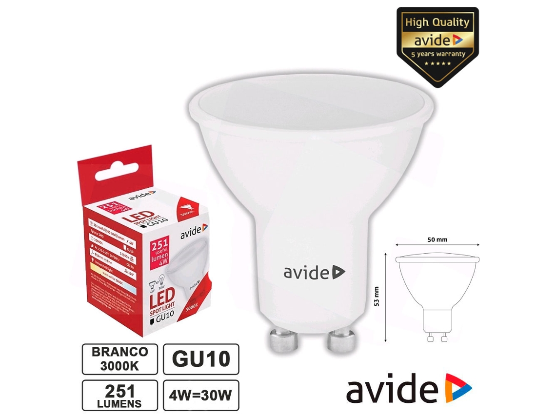 Lâmpada Led Gu10 Spot 4w 230v 3000k 320lm AVIDE