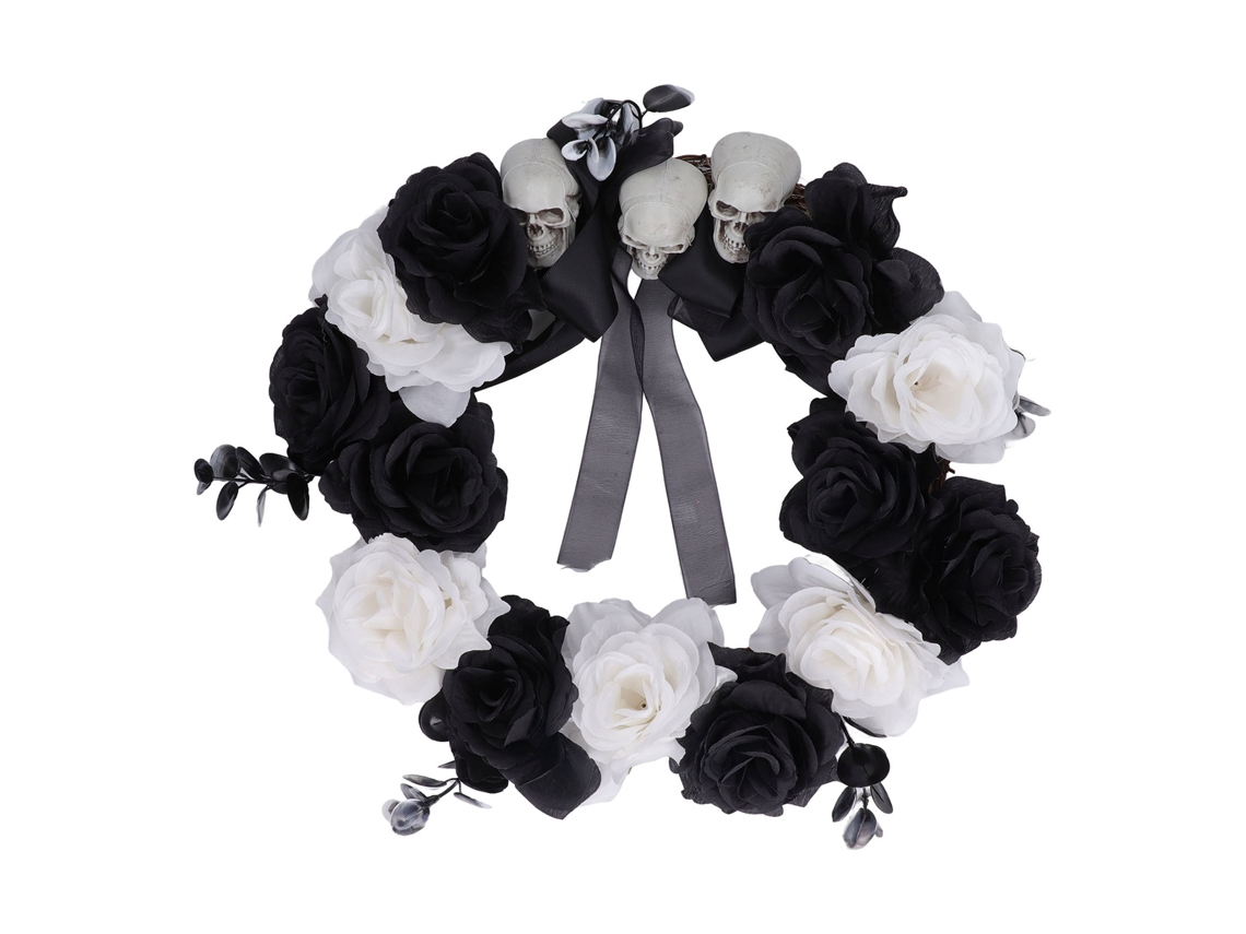 Coroa de Halloween com Crânio e Flores Preto Branco para Casa e Festa S/MARCA