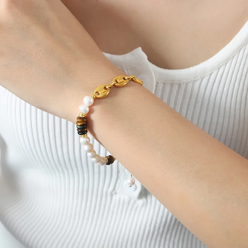 Colar Feminino Em Aço Inoxidável Com Pérolas Olho De Tigre
