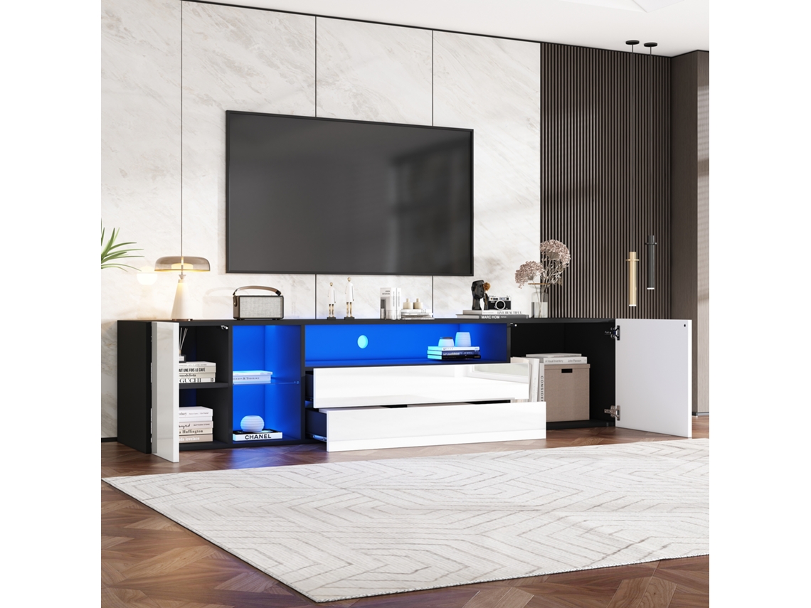 Armário Tv Preto/branco 180x40x45cm, Led, 2 Gavetas, 2 Armários, 75".-zz