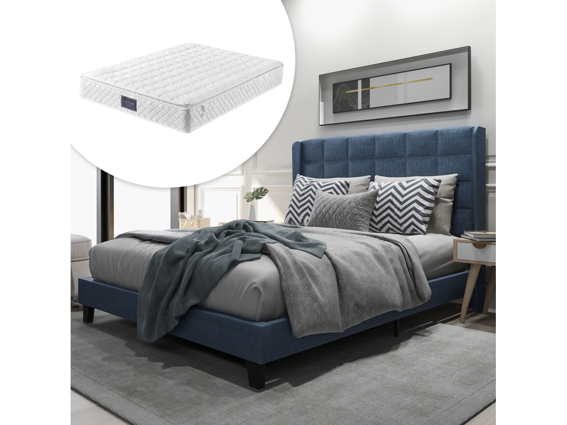 Cama Estofada Com Cabeceira Estofada Cama De Casal Com Base De Ripas, 140x200cm, Em Linho Azul, Firme Média (com Colchão De Molas)-op