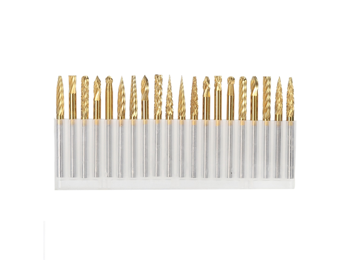 Conjunto de 20 brocas rotativas de metal duro revestidas com titânio, padrão simples/duplo, 3x3mm, para gravador CNC.