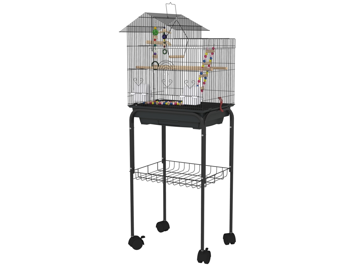 Gaiola Para Passáros De Metal Com Portas 4 Comedouros 3 Poleiros Baloiço Escadas E Bandeja Removível 46x36x120 Cm Preto