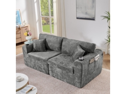 Sofá Relax 2 Lugares Chenille Macio, Bolso Lateral, Porta copos e Almofadas, Espaços Pequenos Sala/escritório/quarto Cinza NOVELA