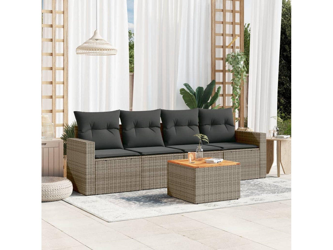 Vidaxl 5 Pcs Conjunto Sofás De Jardim C/ Almofadões Vime Pe Cinzento