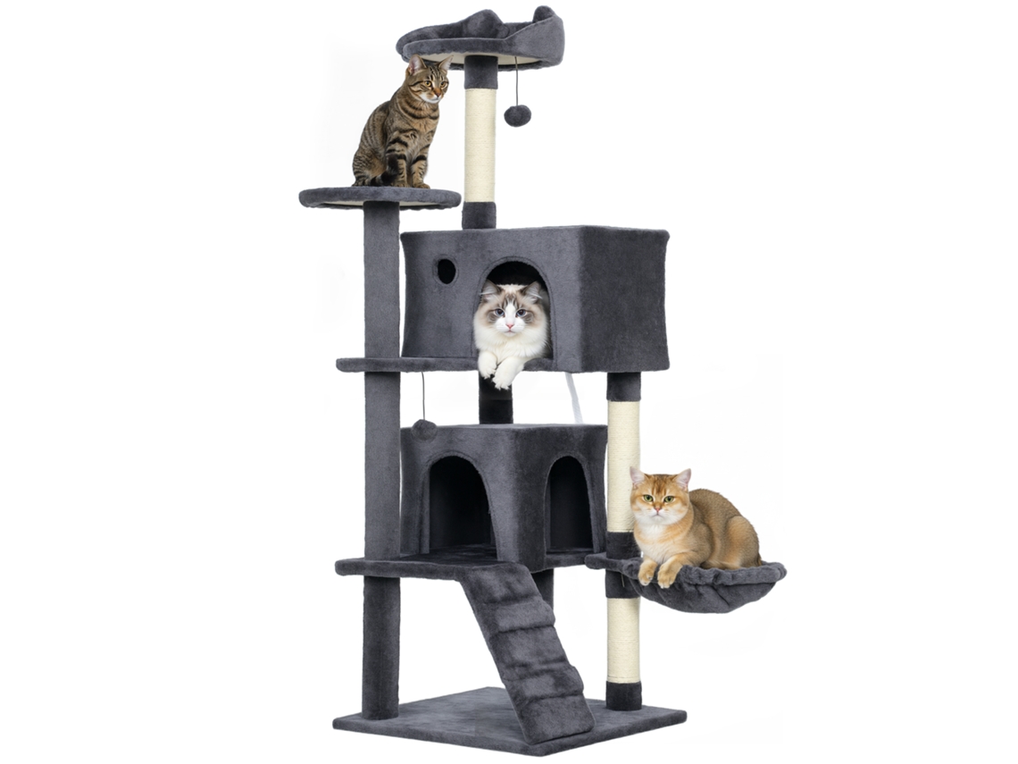 Árvore para Gatos com 140 Cm de Altura com 2 Casas. Berço e Rede para 2 3 Gatos. Capa de Pelúcia. Cinza Ge