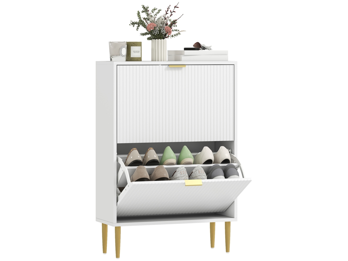 Armário para Sapatos com 12 Pares com 2 Gavetas Rebatíveis. Portas Caneladas e Prateleiras Ajustáveis. 60x24x91,5cm. Branco Ge