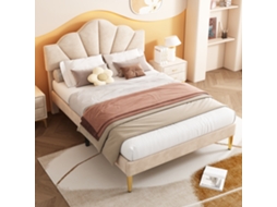 Cama Design 140x200 Veludo Bege Pés Dourado Cabeceira