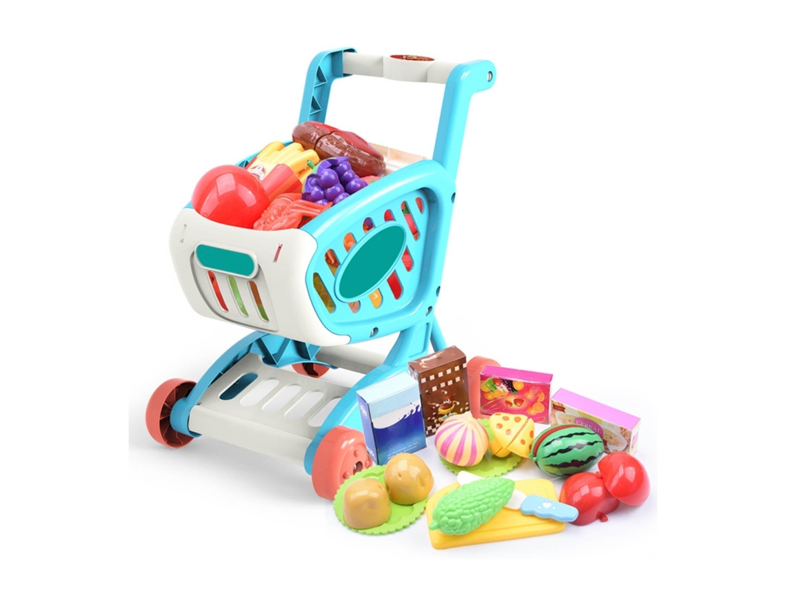 Primerox conjunto de Carrinho de Compras para Crianças com Frutas e Legumes Brinquedo Educativo Azul