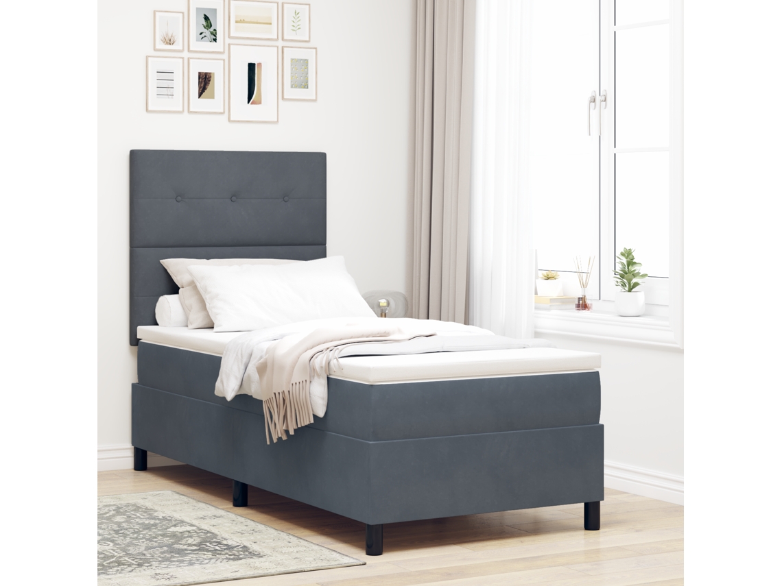 Cama Box Com Colchão Cinza Escuro 100x200 Cm Veludo