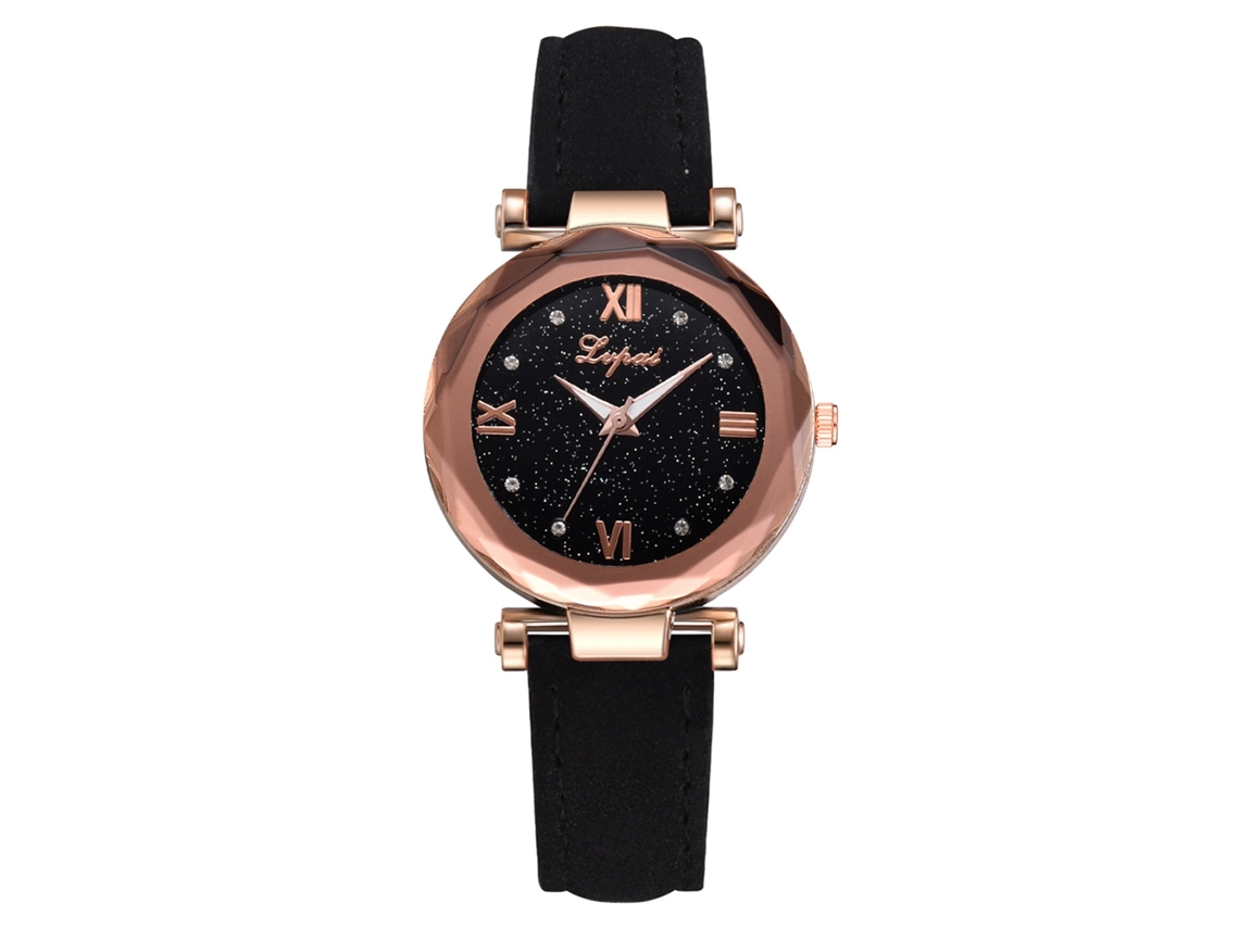 Relógio de Pulso Feminino de Quartzo Pulseira de Couro Pu com Strass Estrela do Céu Preto