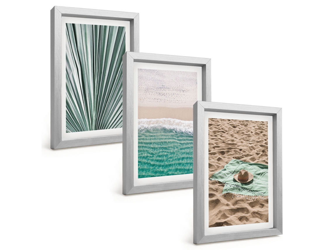 Composição De Quadrosvistas De Férias Na Praia E No Mar Moldura Prateada Imagens Para Um Quarto Infantil Espelharte (3 Peças 20x30 Cm)