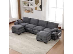 Sofá Modular 4 Lug., Veludo, 2 Pufes, Assento Amplo, Design Ergonômico, Espuma Hd, Usb-c, Bolsos. Ideal P/ Sala, Escritório Ou Lounge. Cinza Escuro.