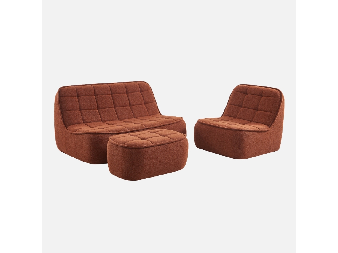 Sofá Modular Com Apoio Para Os Pés Em Tecido Bouclé , 3 Lugares, Terracota
