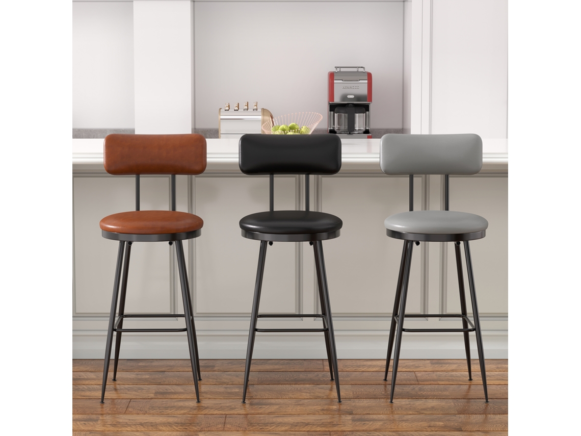 Conjunto De 2 Bancos De Bar Cinza Escuro Com Assento Em Pu E Estrutura De Metal Confortáveis E Ideais Para Cozinha, Bar, Festa Ou Restaurante Ycone