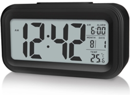 Despertador digital atualizado, com visor LED de 4,3 polegadas e indicador de temperatura. Portátil, funciona a bateria e tem alarme noturno. Brilvibera