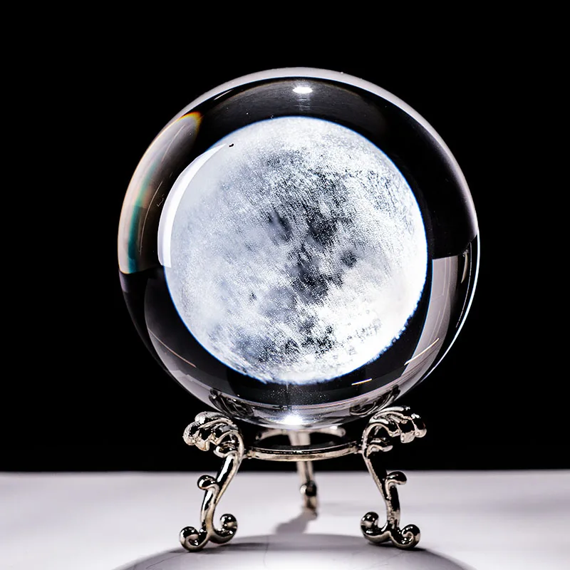 Globo Lunar de 60 Mm com Base Prateada, Bola de Cristal e Vidro de Quartzo Gravado a Laser em 3d. MDUG