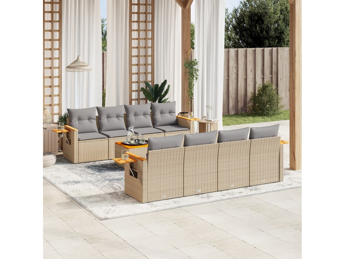 Vidaxl 9 Pcs Conjunto De Sofás P/ Jardim Com Almofadões Vime Pe Bege