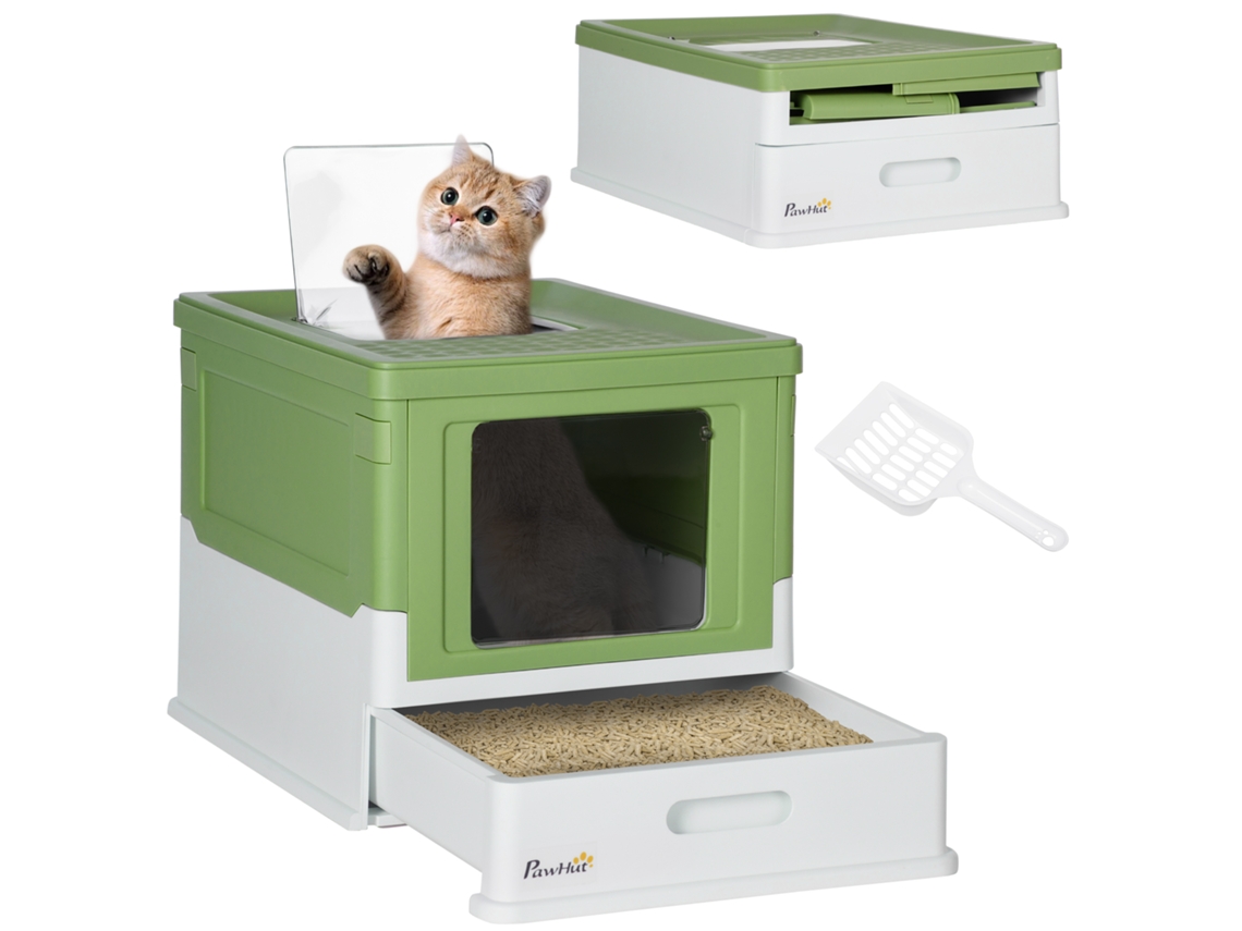 Caixa de Areia Fechada para Gatos com Pá, Bandeja Removível e 2 Portas, 47,5 X 35,5 X 36,7 Cm, Verde Claro. ESSÊNCIACASA