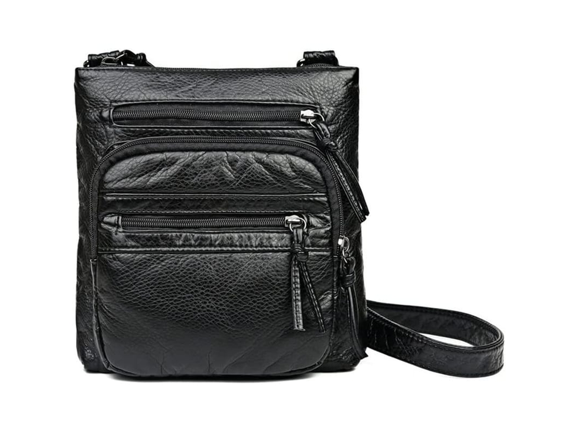 Bolsa Transversal De Couro Suave Com Múltiplas Bolsos Para Mulher Bolsa Vintage De Ombro Pequena (preto)