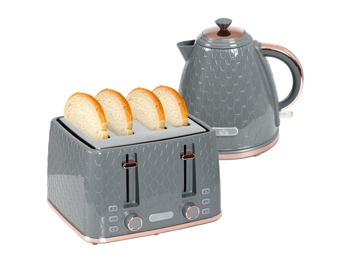Conjunto De Cozinha 2 Em 1, Torradeira E Chaleira, Múltiplas Opções, 1,7 L, Tosta 4 Fatias De Pão De Uma Só Vez, Plástico, Cinza
