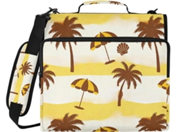 Organizador de Fichário 3 Argolas com Estampa Praia em Amarelo Listrado 3,8 Cm, Alça Ombro e Mão. Inclui um Bo