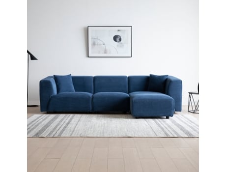 Sofá Modulável 4 Lugares: Sofá Direito 3 Lugares 1 Puff em Veludo Cotele Azul Monroe CONCEPT U