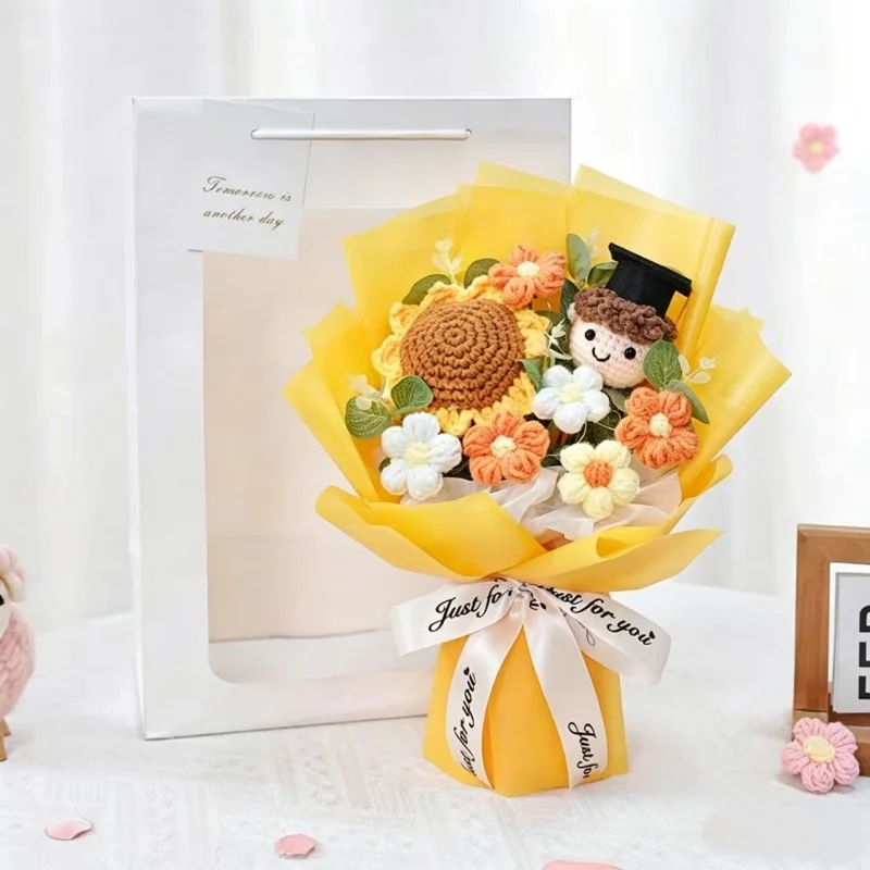 (amarelo) Flores De Girassol Feitas À Mão Em Crochê, Combinadas Com Bonecas De Formatura, Presente De Flores Preservadas.