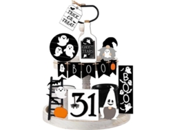 Decoração de Prato Multicamada de Madeira com Fantasma Cute Spooky para Festival Preto e Branco com S/MARCA