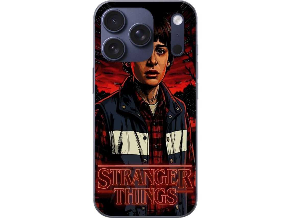Capa Para Celular Compatível Com Apple Iphone 17 Pro Com Retrato De Mike Wheeler Em Frente A Um Céu Vermelho No Estilo De Stranger Things.