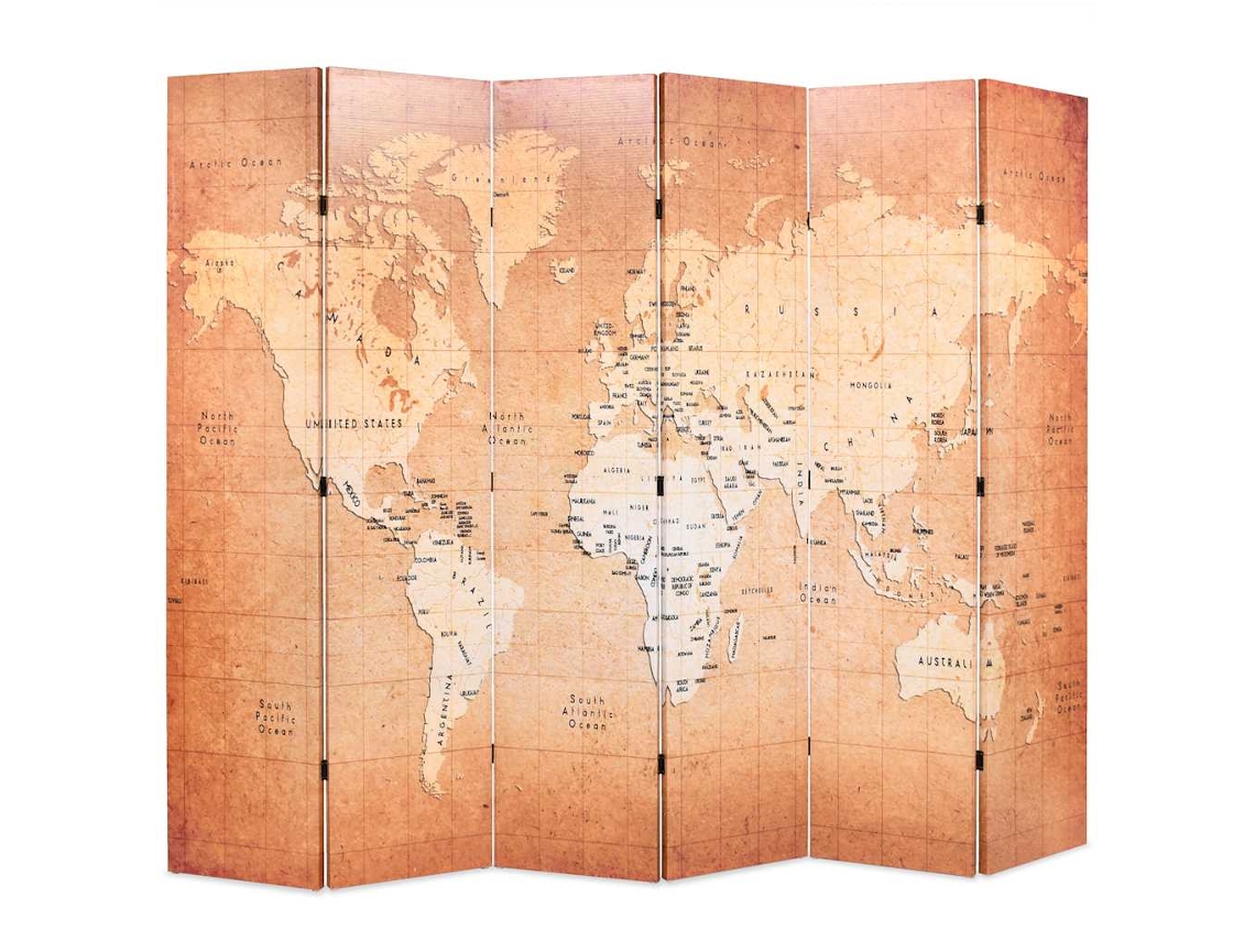 Vidaxl Biombo Dobrável Mapa Mundo 228x170 Cm Amarelo