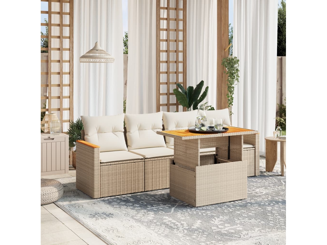 Vidaxl 5 Pcs Conjunto De Sofás P/ Jardim Com Almofadões Vime Pe Bege
