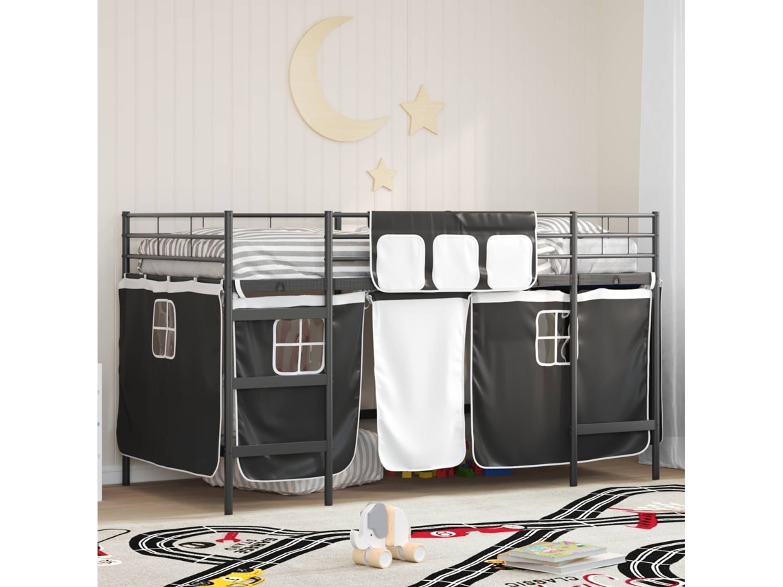 Vidaxl Estrutura de Cama Loft para Crianças com Cortinas Liso Preto