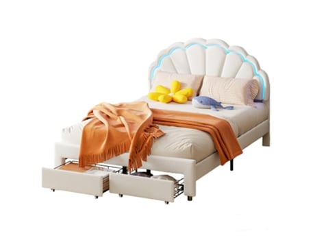 Cama De Solteiro Infantil 140x200cm, Estofada Com Iluminação Led E Gavetas, Estilo Princesa, Com Cabeceira Floral, Em Tecido Aveludado, Branca Mexus
