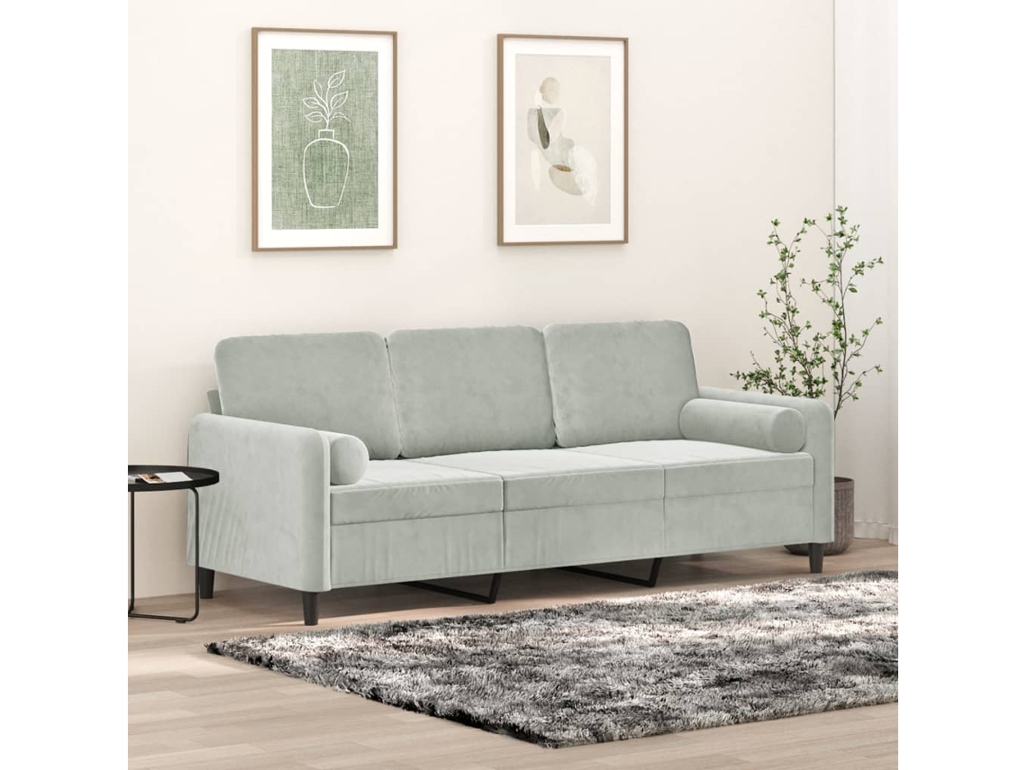 Sofá 3 Lugares HARLANV1 com veludo cinza claro 180 cm e almofadas