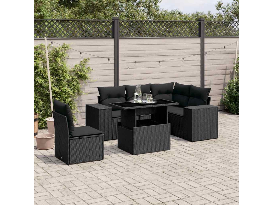 Vidaxl 6 Pcs Conjunto Sofás De Jardim C/ Almofadões Vime Pe Preto