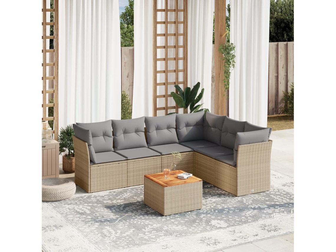 Vidaxl 7 Pcs Conjunto De Sofás P/ Jardim Com Almofadões Vime Pe Bege